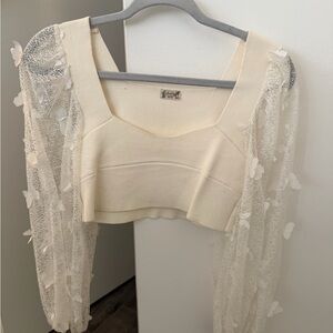 FREE PEOPLE Ivory Square-Neck Crop Top with butterfly sleeves